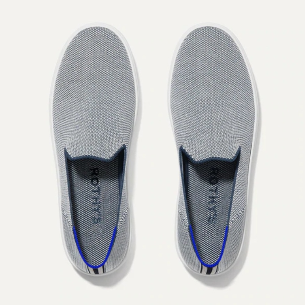 Rothy’s The Sneaker Blue+White Slip Ons. Size 9.5